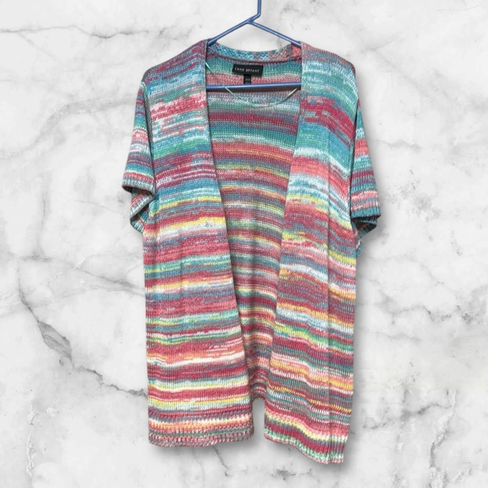 Lane Bryant Open-Front Short-Sleeve knit Cardigan multicolor horizontal striped